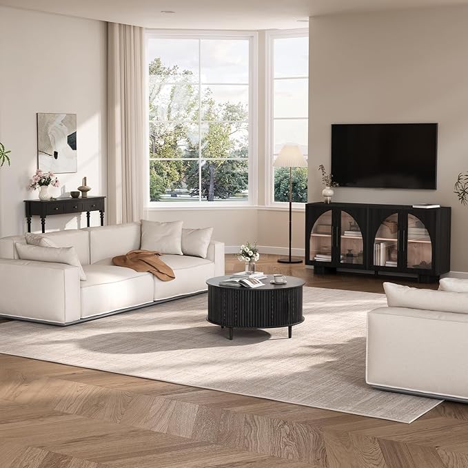 Round Coffee Table with Storage, 31.5" Black Wood Drum Table, Fluted Circle Center Table for Living Room, Modern Mid Century Furniture with Sliding Door