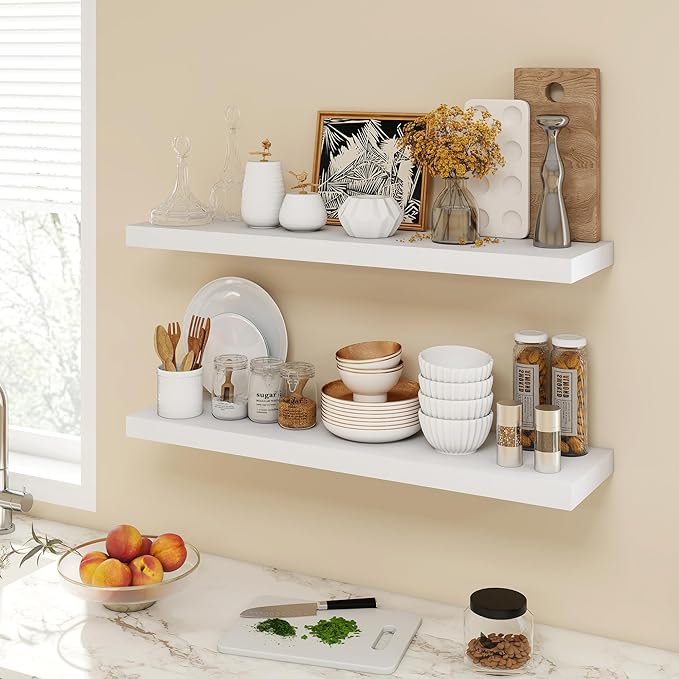 36 Inch Floating Shelves, 9.3" Deep Floating Shelf Wall Mounted, 36" Wall Shelves, Rustic Deep Bookshelf, Large Display Shelves & Storage Shelves for Bedroom, Living Room, White, Set of 2