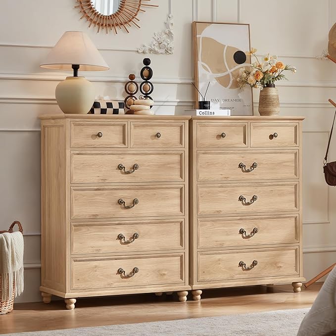 Farmhouse 6 Drawer Dresser Set of 2 for Bedroom, 42" Tall Rustic Chests of Drawers w/ 4 Solid Wood Feet, Mid Century Vintage Wooden Closet Storage Dressers Organizer for Living Room,Natural