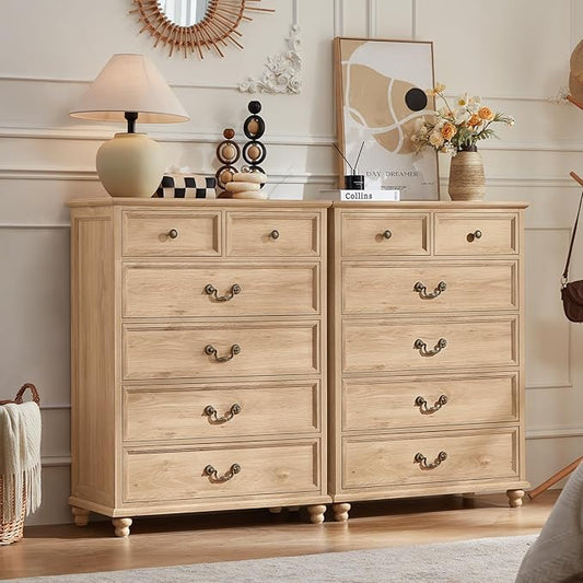 Farmhouse 6 Drawer Dresser Set of 2 for Bedroom, 42" Tall Rustic Chests of Drawers w/ 4 Solid Wood Feet, Mid Century Vintage Wooden Closet Storage Dressers Organizer for Living Room,Natural