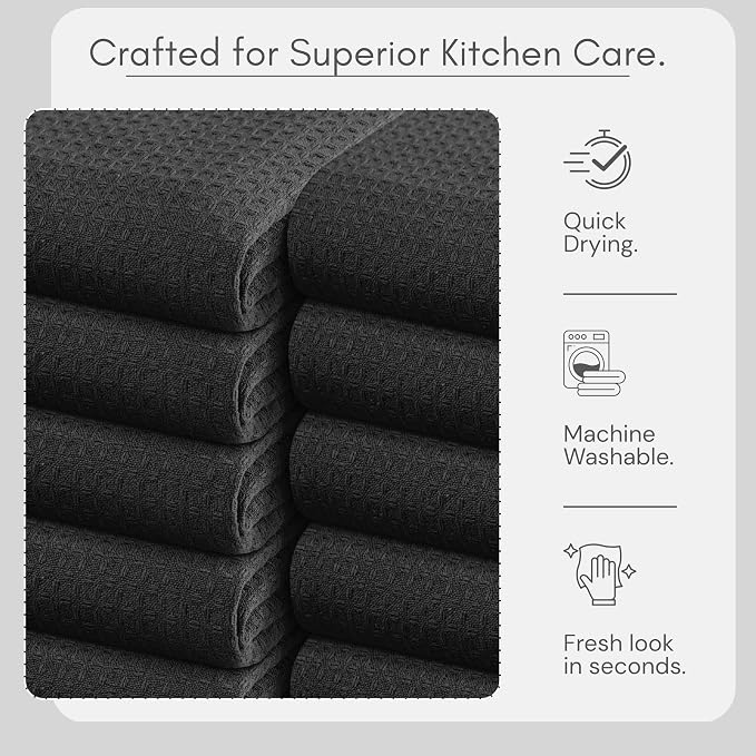 TWINY threads Waffle Kitchen Towel 4 Pack, 16x26 Inches, Premium 100% Cotton Dish Cloths Set with Hanging Loop, Absorbent, Quick Drying Cloths for Drying Dishes, Machine Washable, Black