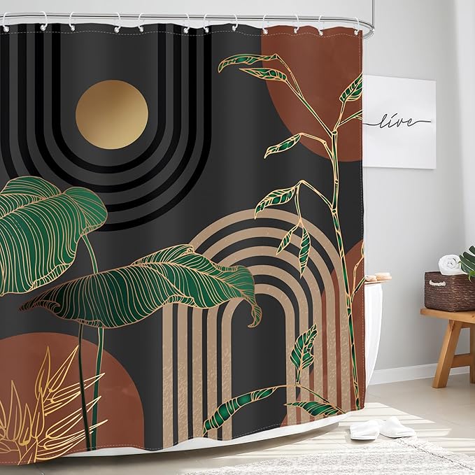 Glawry Brown Abstract Mid Century Shower Curtain Boho Retro Tropical Palm Tree Leaves Sun Arch Modern Bathroom Aesthetic Geometric 72Wx72L Inches Bath Accessories Art Home Decor Fabric 12 Pack Hooks