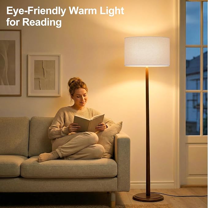 61" Rustic Walnut Wood Floor Lamp, Mid Century Standing Tall Lamp with Linen Shade, Retro Farmhouse Lighting for Home Living Room, Bedroom, Dining Room, UL listed, E26 Base (Bulb Not Included), Cream