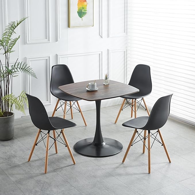 Walnut Square Dining Table for6, 41.12 inches Special Kitchen Table with Tulip Shape & Metal Pedestal Base, Mid Century Modern Bistro Tulip Table for Kitchen, Small Space, Cafe