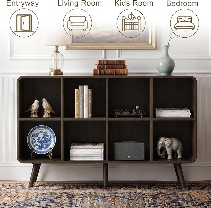 YOSHOOT 8 Cube Bookshelf - 46.5" Wood Cube Bookcase with Legs, Open Cubby Bookshelves with Curved Profile Design for Bedroom, Living Room,Home Office, Walnut