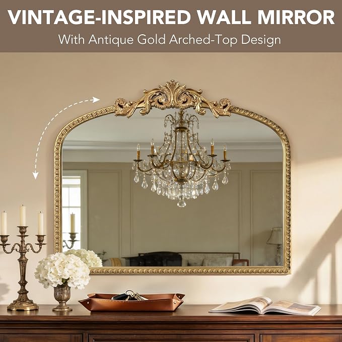 Arched Gold Carved Wall Mirror - 28''x36'' Vintage Gold Large Baroque Wall-Mounted Mirror - Iron Frame with Beaded Trim - Antique French Ornate Mirror for Entryway/Hallway/Fireplace/Bathroom