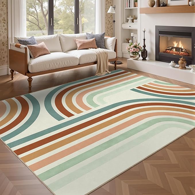 Indoor Outdoor Area Rug, Mid Century Modern Multicolored Outdoor Patio Rug,Washable Abstract Art Rainbow Rugs Non-Slip Carpet for Camping, Bedroom, Deck(5x8)