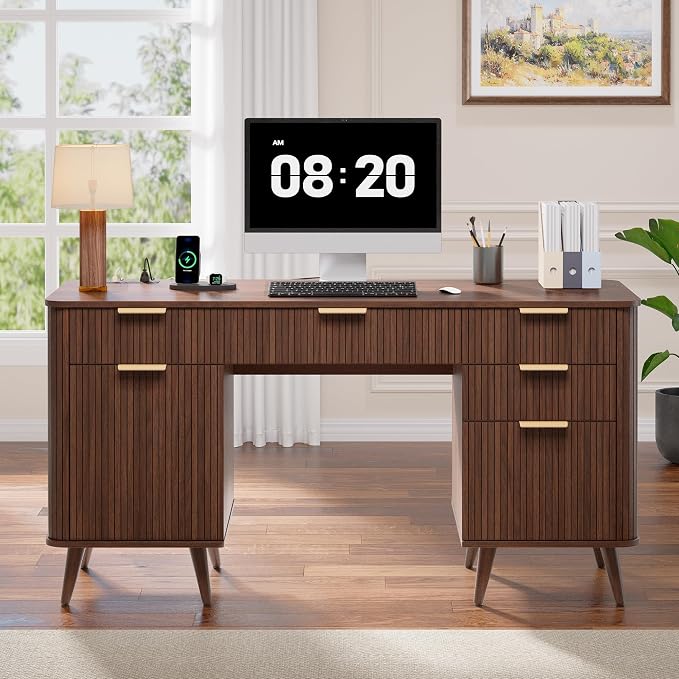 Whalefall 59" Fluted Executive Desk with Charging Station, Modern Wood Home Office Desk with 5 Drawers & File Cabinet, Computer Writing Desk for Study, Walnut (Executive Desk)