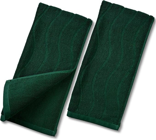 Jacquotha 2-Piece Hand Towels Set in Forest Green, Wavy Striped Jacquard Towels for Bathroom Kitchen (13x29 Inches, 100% Cotton)