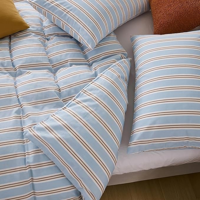 Merryword Striped Duvet Cover Set Queen Size - 100% Cotton Duvet Cover Set, Light Blue Ribbon Stripes Pattern Comforter Cover 3 Pieces, Soft Linen Like Bedding Set for All Seasons