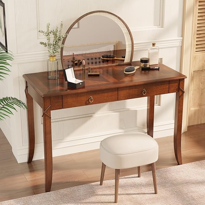 LEEMTORIG 46" W Vintage Solid Wood Writing Desk, Secretary Desk with 2 Drawers, Mahogany Cherry Wood Writing Table for Home Office, Queen Anne Style Wooden Desk, Cherry Brown BSZ-DR200