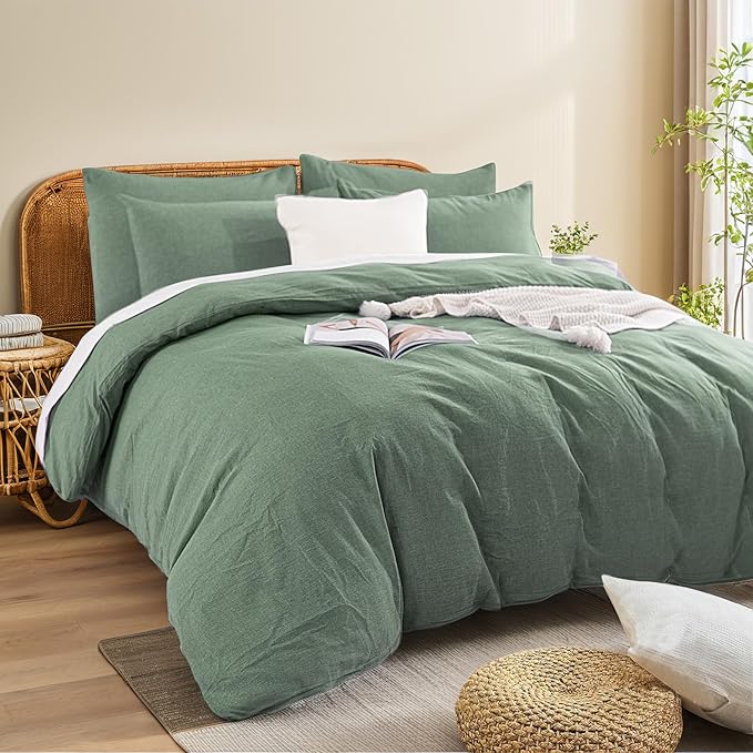 NEXHOME PRO Duvet Cover Queen 100% Washed Cotton, Organic Natural Linen Like Textured, Breathable, Durable, Home Bedding Set, Heathered Green 10490
