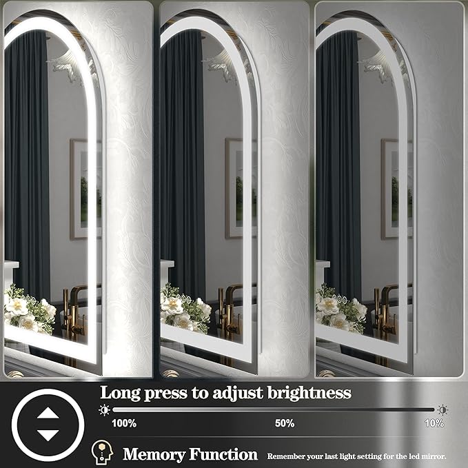 Arched LED Bathroom Mirror 26x38 with Backlit and Frontlit, Dimmable Arched Illuminated Mirror, Anti-Fog, 3 Colors, Memory, Shatter-Proof, ETL Listed