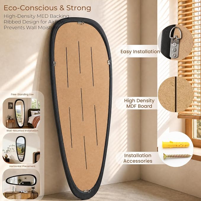 60''x22'' Asymmetrical Mirror with Black Wood Frame, Extra Large Teardrop Shaped Wall Decor, HD Tempered Glass Vanity Mirrors for Living Room, Horizontal Vertical Hanging, Black