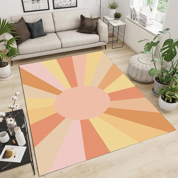 6x8 Area Rugs Orange Pink Yellow Ray Stripes Art Area Rug, Mid-Century Abstract Boho Sun Soft Washable Rug, Anti-Slip Backing Decorative Rugs for Living Room Bedroom Kitchen Dining Room Home Rug