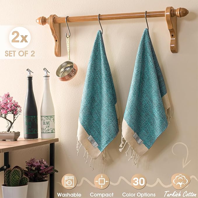 Hand Towels - Set of 2 | 18" x 30" - Decorative Turkish Hand Towel for Bathroom, Kitchen, Guest, Face, Hair, Tea, Dishcloth (Herringbone, Turquoise)