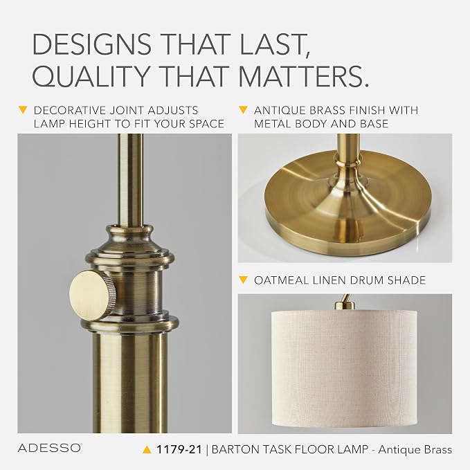 Adesso Antique Brass Floor Lamp with Oatmeal Linen Shade – Adjustable Height Accent Light for Bedroom, Living Room, or Home Office, up to 68” Tall