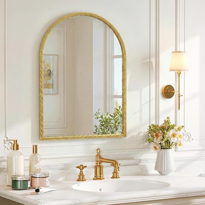 Large Vintage Arched Wall Mirror - 24"X36" Gold Rope-Like Metal Framed Mounted Mirror for Wall Decor, Vanity Mirrors for Bathroom, Living Room, Bedroom, Fireplace