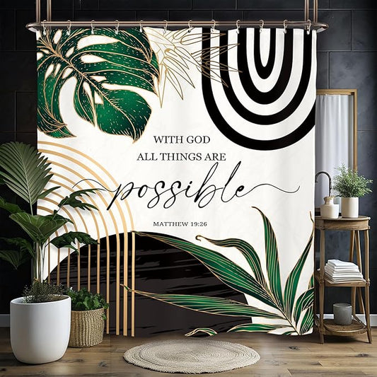 Miyotaa Abstract Emerald Green Shower Curtain Set 60Wx71H Inches Bible Christian Inspirational Motivational Minimalist Modern Tropical Leaves Contemporary Bathroom Curtain with 12 Hooks