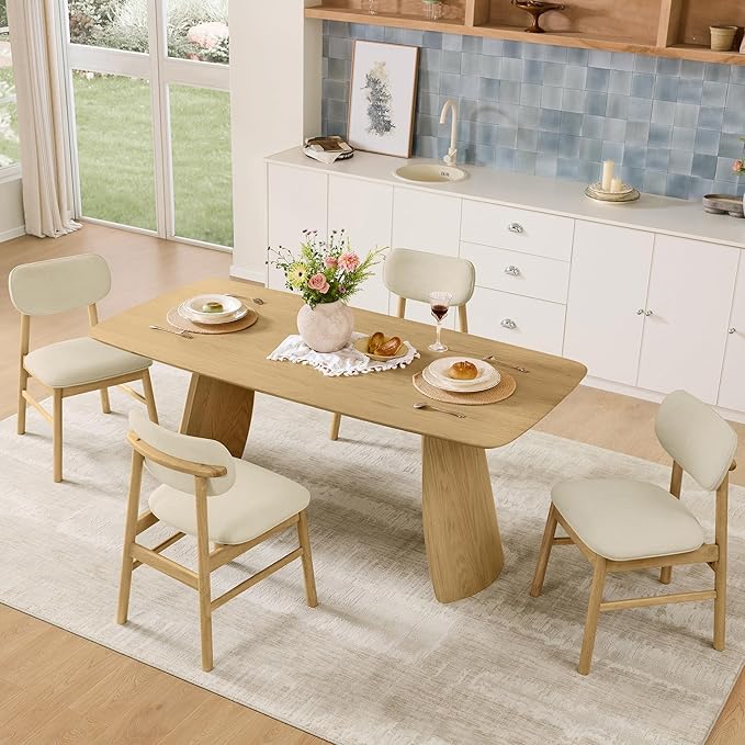 CHITA 71" Modern Dining Table for 6, Rectangle Wood Kitchen & Dining Room Table, Solid Rubberwood Frame, Bentwood Legs, Oak Venner