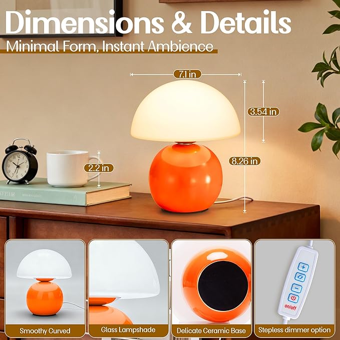 Small Mushroom Lamp,USB-Plug in Bedside Table Lamps with 3-Temperature LED Bulb Dimmable,Unique Cute Aesthetic Home Decor for Living Room,Bedroom, Modern Ceramic Base Glass Lamp(Orange)