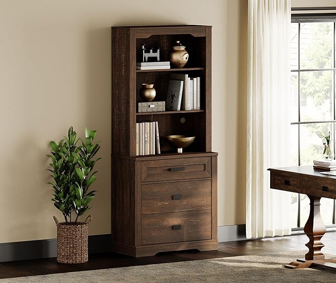 WAMPAT 73.3" Tall Bookcase with Chest of Drawers, 31.5 inch Wide Standing Rustic Bookshelves, Modern Farmhouse Display Storage Cabinet with Adjustable Shelves,Dark Wood Brown