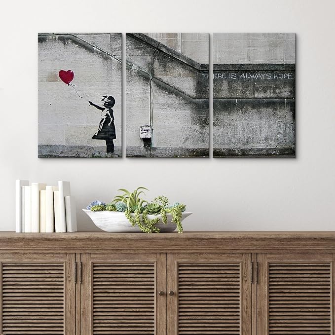wall26 - 3 Piece Canvas Wall Art - There is Always Hope - Girl and Red Heart Balloon - Street Art - Guerilla - Modern Home Art Stretched and Framed Ready to Hang - 24"x36"x3 Panels