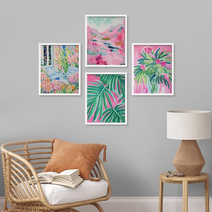 SIGNWIN Framed Tropical and Floral Bright Botanical Preppy Room Decor Pink Decor Digital Art Modern Art Decorative Multicolor Scenic for Bedroom - 11"x14"x4 White