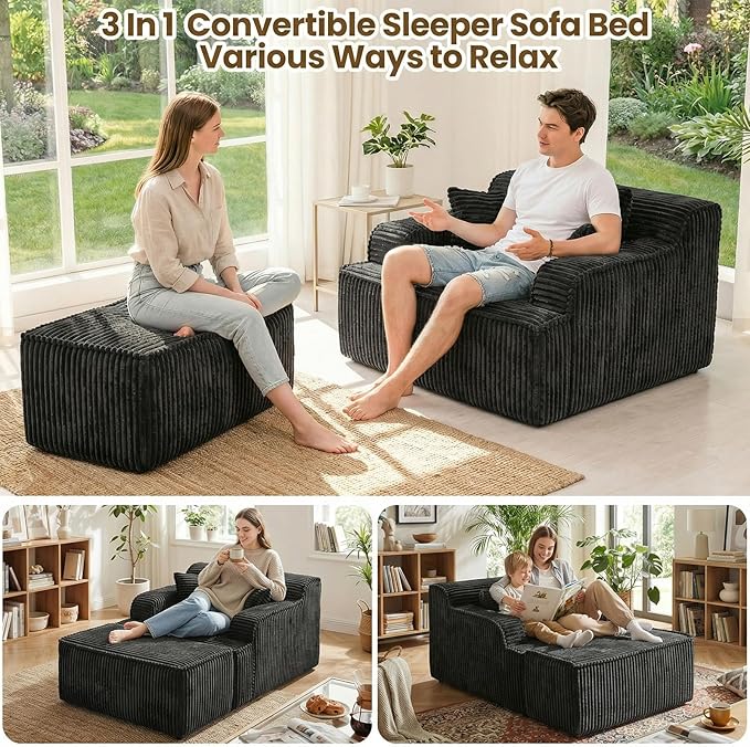 Chaise Lounge Chair Indoor,Boneless Chair with Ottoman,Comfy Reading Chair for Adults,Small Sofa Bed Couch for Living Room,Single Sleeper Chair Bed,Black