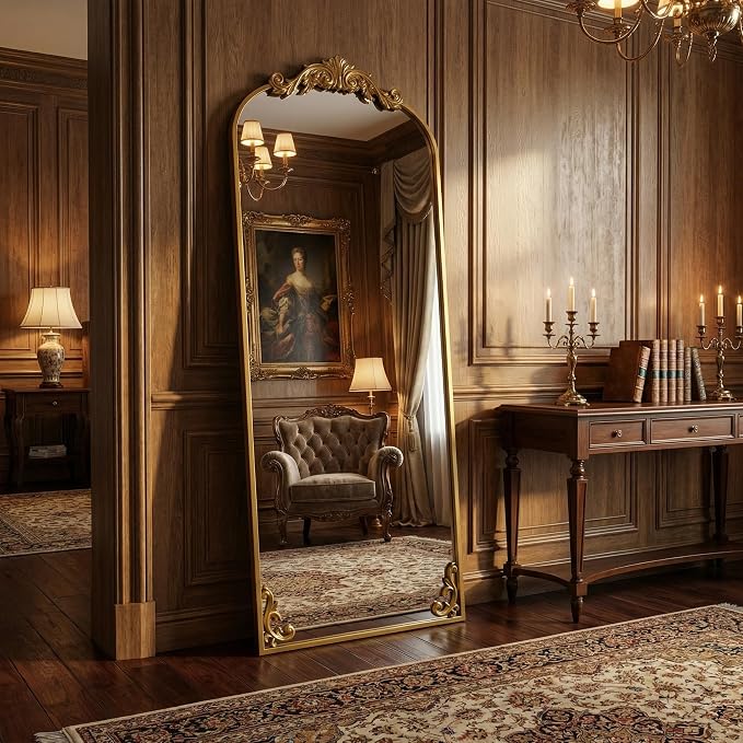 HARRITPURE Vintage Floor Mirror - 64"x 21" Large Baroque Carved Arched Full Length Mirrors with Metal Frame for Bedroom/Living Room/Entryway Retro Home Decor,Gold