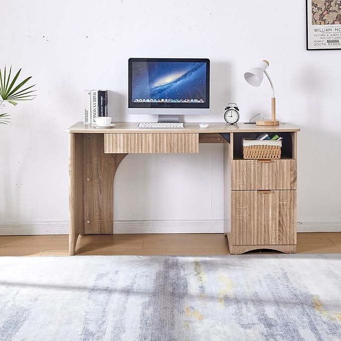 55" Modern Computer Desk with Keyboard Tray, Built-in Power Outlets, Fluted Design, 2-in-1 Main Drawer & Adjustable File Drawer, Office Desk for Home Workspace (Light Oak)