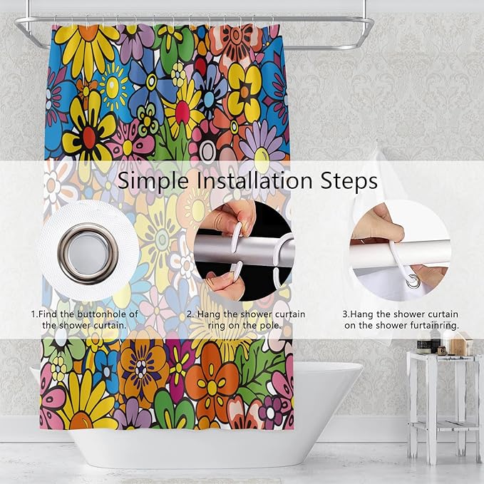 Bohemia Colorful Flowers Bathroom Shower Curtain Funky Retro Hippie 60s 70s Aesthetic Washable Polyester Durable Fabric Home Shower Curtain with Hooks, 60x72 Inch
