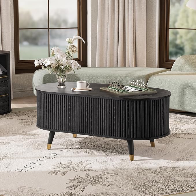 42.5" Oval Lift Top Coffee Table with Storage, Mid Century Modern Black Center Table with Fluted Panel, Solid Wood Legs & Hidden Compartment for Living Room