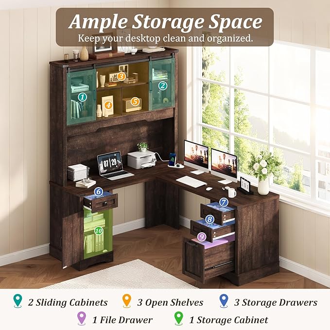 Squireewo 68.9'' Farmhouse L Shaped Desk with Hutch and Drawers, 76" High Wood Executive Home Office Desk with Charging Station, File Drawer and Cabinet, Computer Corner Desk with Sliding Doors, Brown