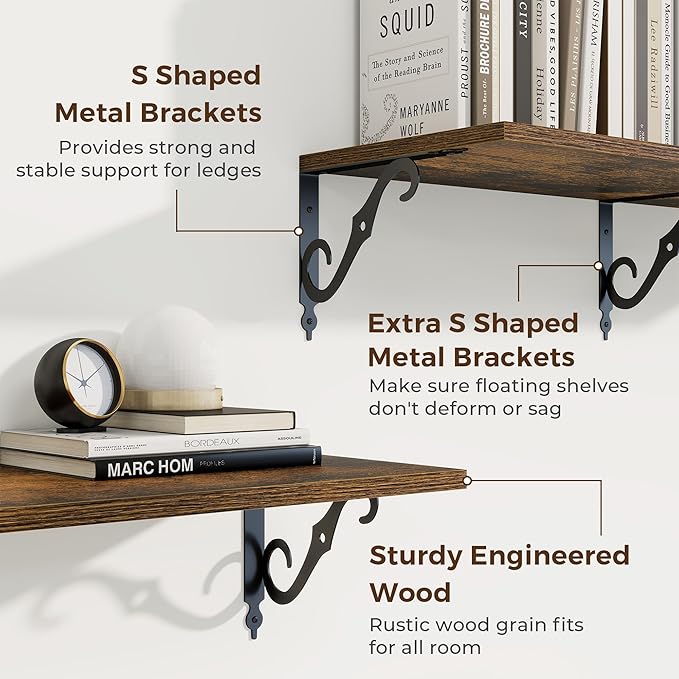 RICHFOCUS 12 Inch Deep Floating Shelves for Wall, 48" W x 12" D Wood Wall Shelves Set of 2, Wide Floating Shelves for Living Room, Bedroom, Kitchen, Bathroom and Decor Storage, Rustic Brown