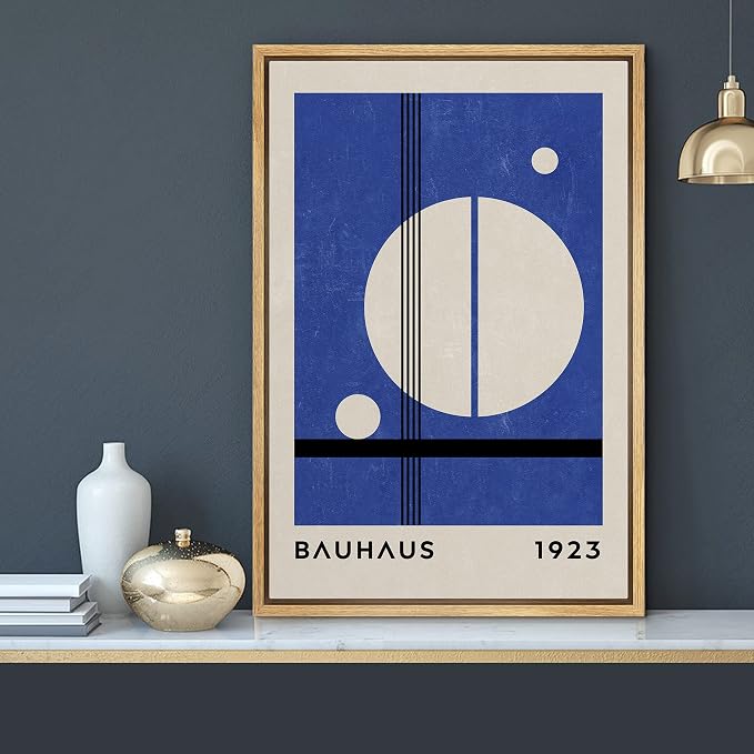 MUDECOR Framed Canvas Print Wall Art Mid-Century Bauhaus 1960s Blue White Circle Shapes Abstract Illustrations Modern Art Multicolor Relax/Calm for Living Room, Bedroom, Office - 24"x36" Natural