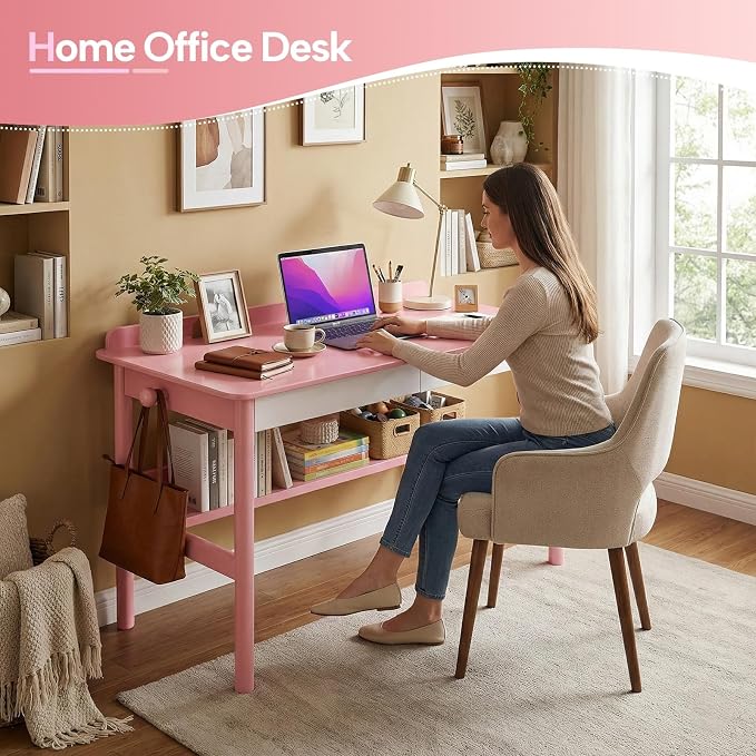 [Brand Name] Solid Wood Study Desk & Home Office Writing Table with Drawers, 47" Vintage Mid Century Modern Computer Desk, Workstation for Bedroom, Small Spaces, Apartment, Pink