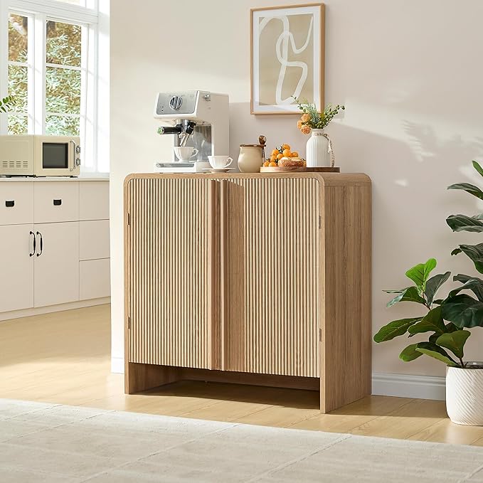 AMERLIFE 2-Piece Fluted Buffet Cabinet with Storage, Modern Sideboard Cabinet with Doors & Adjustable Shelf, Console Table & Credenza for Living Room, Kitchen & Entryway, Natural Oak
