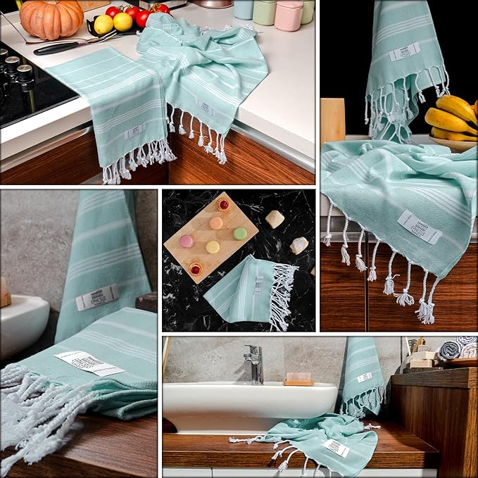 Hand Towels - Set of 6 | 18" x 30" - Decorative Turkish Hand Towel for Bathroom, Kitchen, Guest, Face, Hair, Tea, Dishcloth (Sultan, Mint)