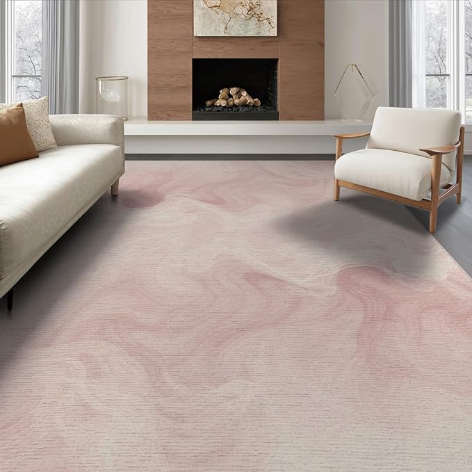 6'x9' Washable Watercolor Swirl Area Rug, Pink Non-Shedding Pet Friendly Room Rug Foldable Easy Care Carpet for Queen Size Bedroom, Under Bed, Master Suite | Ref:2208260