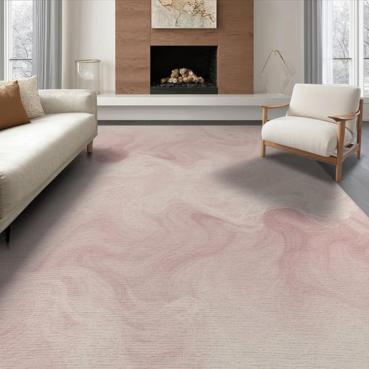 6'x9' Washable Watercolor Swirl Area Rug, Pink Non-Shedding Pet Friendly Room Rug Foldable Easy Care Carpet for Queen Size Bedroom, Under Bed, Master Suite | Ref:2208260