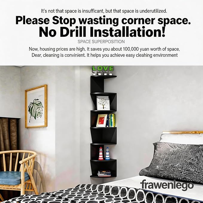 No-Drill Corner Shelf Wall Mount, 7-Tier Floating Corner Bookshelf with Hooks, Space-Saving Zigzag Plant Shelf for Bedroom, Living Room, Bathroom, Home Office（Black）