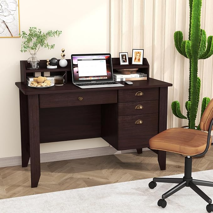 48" Vintage Computer Desk with 4 Storage Drawers & Top Hutch, Home Office Workstation with Drawer & Monitor Stand, Wooden Study Work Writing Table (Brown)