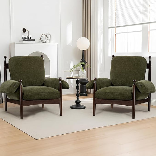 AQO Mid Century Modern Accent Chair and Armchair, Plush Lounge Chair Set of 2 for Living Room, Soft Cushion & Solid Wood Frame, Green