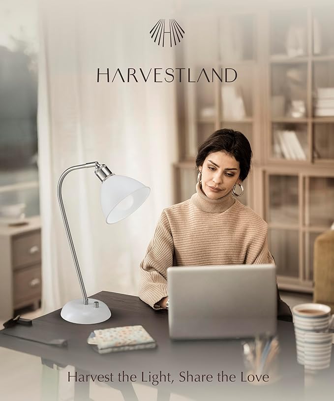 HarvestLand Halo Silver White Adjustable Desk Lamp – Reading Lamp, Pharmacy Style Metal Desk Lamp, Industrial Table Lamp with Solid Base for Bedside Table, Task Lamp Home Office, Best Gifts
