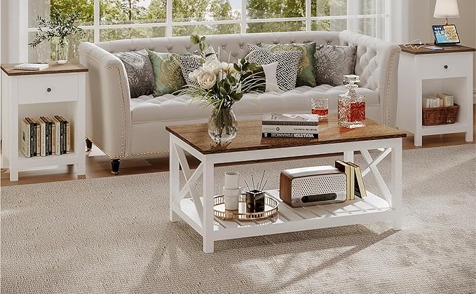 ChooChoo Farmhouse Nightstand Set of 2,Night Stand with Charging Station, Wooden Top Bedside End Table with Drawer and Storage Space for Bedroom, White