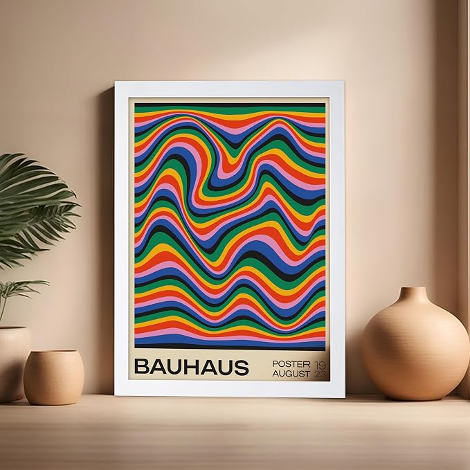 Poster Master Bauhaus Poster - Psychedelic Waves Print - Abstract ART - Rainbow ART - Groovy Style - Chic Boho - Mid Century Modern - Living Room or Bedroom Wall Decor - 16x20 White Framed