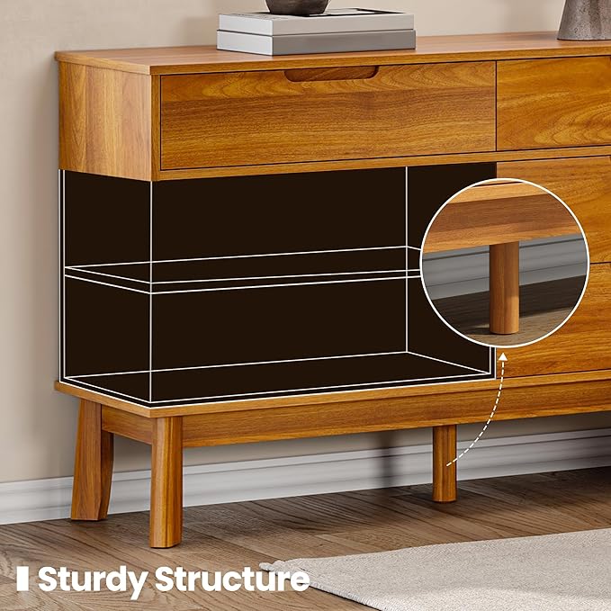 47" Wide Wooden Dresser for Bedroom, Mid-Century Modern 6 Drawer Double Dresser with Walnut Wood Grain, Large Horizontal Storage Chest for Living Room, Anti-Tip Kit, Caramel