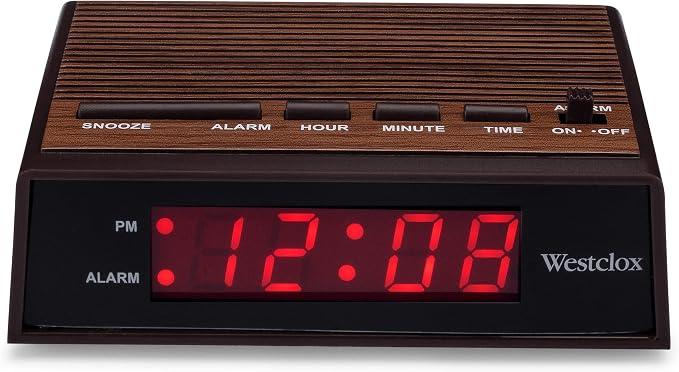 Westclox Retro Wood Style Small Night Table Alarm Clock with Red LED Display, 9-Minute Snooze, Battery Backup, Easy Electric Operation for Bedroom, Home or Office – Woodgrain