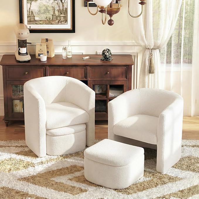 COLAMY Morden Velvet Living Room Side Chair with Storage Ottoman Set of 2, Single Sofa Armchair with Lounge Seat, Upholstered Barrel Accent Chair for Bedroom/Office/Reading Spaces, Cream